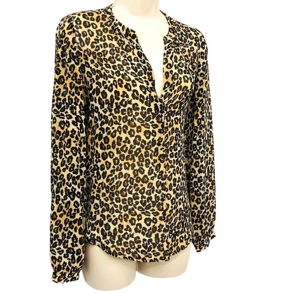 Guess Mobwife Semi Sheer Leopard Print V Neck Long Sleeve Button Front Blouse - Picture 3 of 16